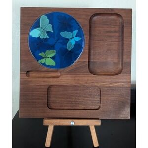 Vintage MCM Ernest Sohn Walnut Charcuterie Board Ceramic Inset Blue‎ Tile